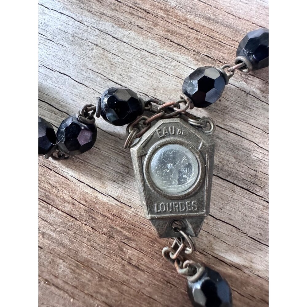 Lourdes Rosary with EAU DE LOURDES Water Relic Black Faceted Beads Brass Crucifi - Picture 3 of 8